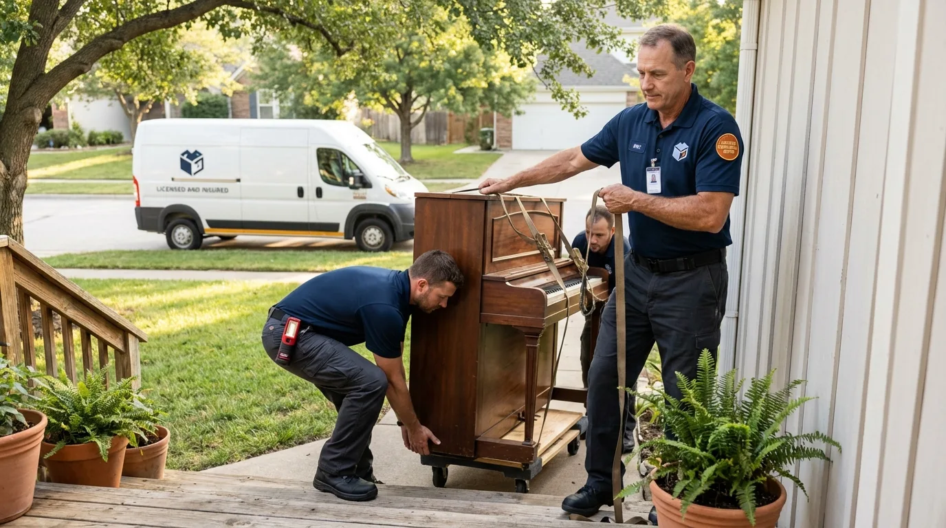 Licensed piano movers securing grand piano in New London, WI