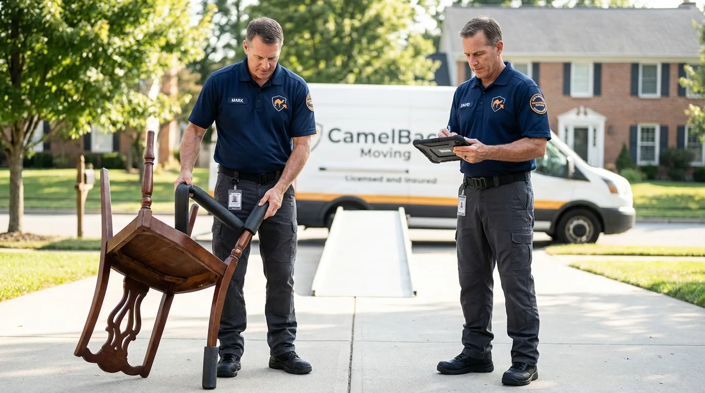 Movers inspecting furniture for damage prevention before loading in New London, WI