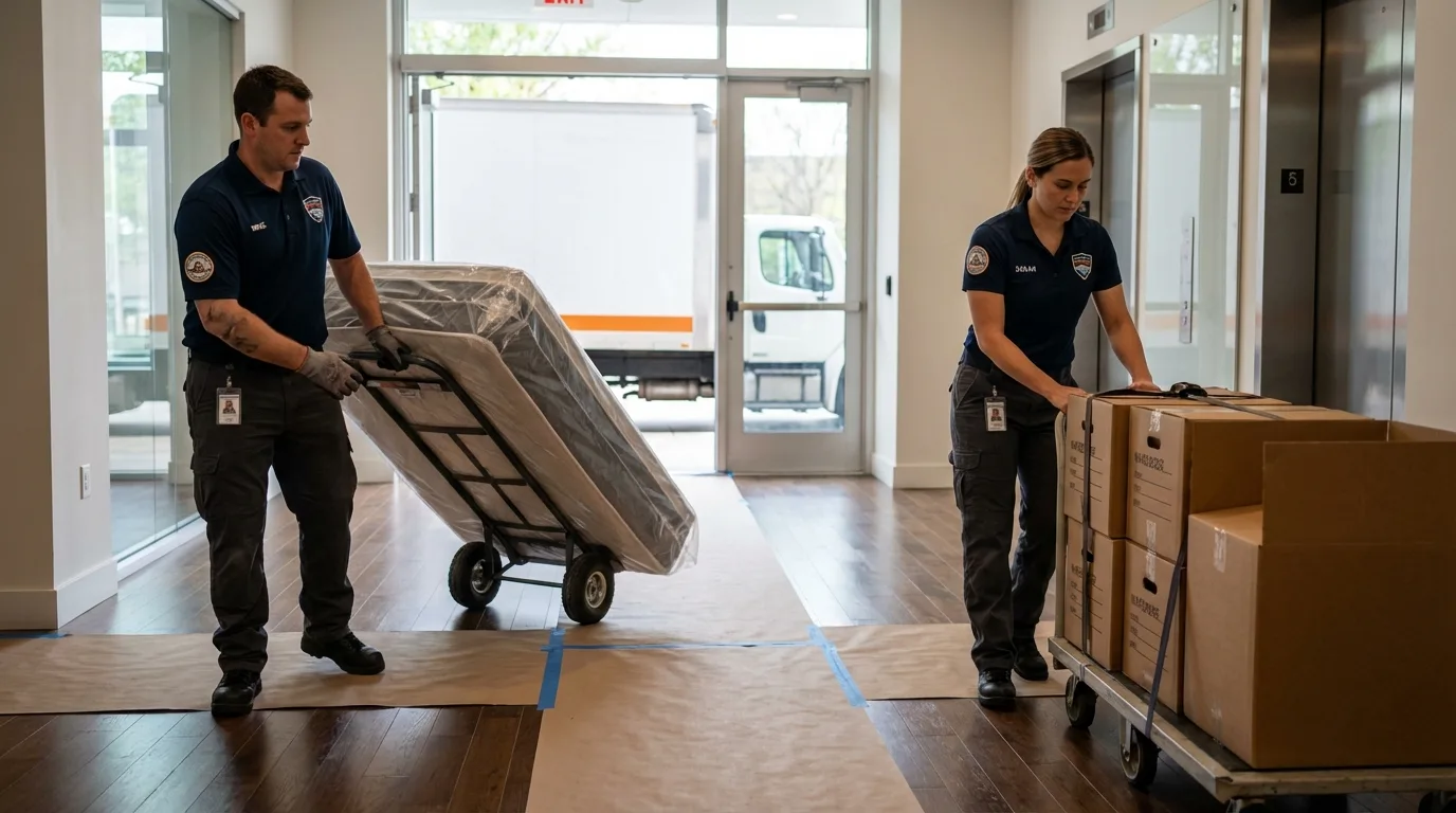 Professional apartment movers loading elevator in New London, WI