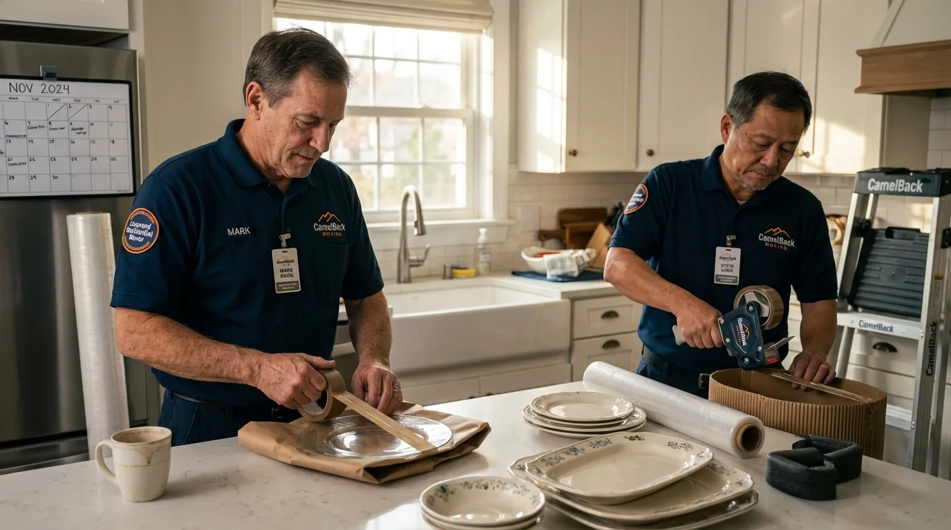 Professional crew packing kitchen dishware in New London, WI